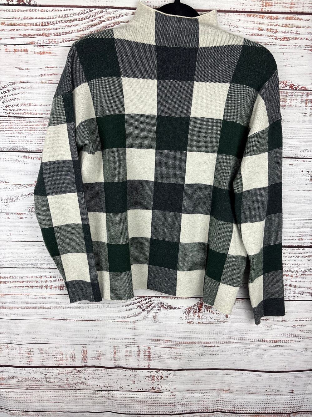 Tahari Mock Neck Green Black Gray Buffalo Plaid Sweater Casual Office Womens M